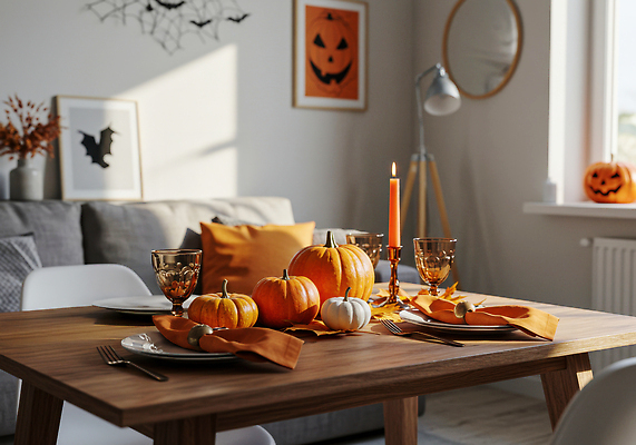 JPG 편집이미지 거실 촛불 창문 식탁 탁자 호박 장식 인테리어 주황색 식사 할로윈 분위기 편안함 오브젝트 홈파티 편집실사 AI포토 AI콘텐츠 디자인 컬러 가구 컨셉 채소 초 파티 감각 CG 파일형식