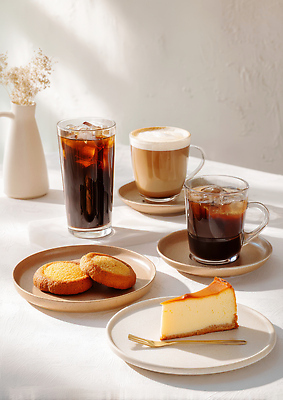 JPG 편집이미지 여유 커피 음료 디저트 과자 식사 카페 달콤 맛 편안함 즐거움 아이스커피 치즈케이크 라떼 오후 편집실사 AI포토 AI콘텐츠 감정 음식 컨셉 케이크 상점 감각 CG 파일형식