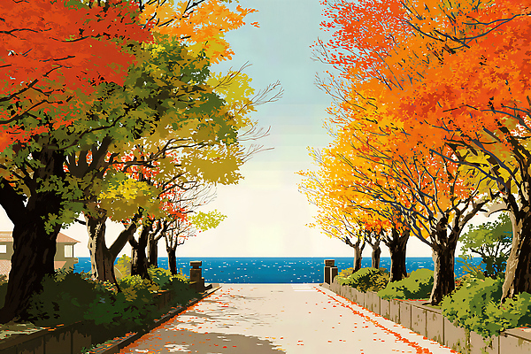 JPG 나무 길 바다 잎 일러스트 자연 날씨 풍경 해변 빨간색 태양 노란색 고요 산책로 가을 조화 뷰티풀 색감 국내일러스트 AI일러스트 AI콘텐츠 자연요소 식물 계절 컬러 생태계 파일형식