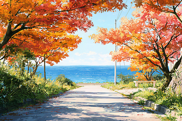 JPG 나무 도로 여유 파도 바다 컬러 여행 단풍 일러스트 자연 하늘 산 풍경 해변 산책 가을 조용 방문 뷰티풀 국내일러스트 AI일러스트 AI콘텐츠 식물 계절 감정 길 잎 교통시설 휴식 생태계 파일형식