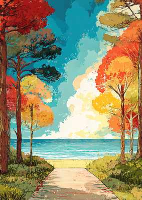 JPG 나무 호수 바다 컬러 일러스트 자연 하늘 풍경 해변 태양 정원 산책로 가을 저녁 조화 뷰티풀 차분 국내일러스트 AI일러스트 AI콘텐츠 자연요소 식물 계절 길 컨셉 야간 생태계 파일형식