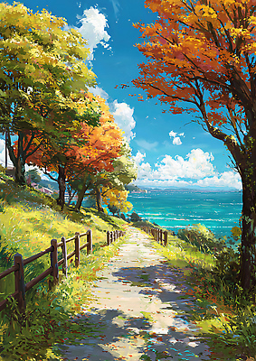 JPG 나무 바다 컬러 단풍 일러스트 자연 하늘 풍경 잔디 해변 여름 햇빛 소풍 고요 산책 산책로 가을 조화 국내일러스트 AI일러스트 AI콘텐츠 식물 계절 길 잎 휴식 태양 야외활동 생태계 파일형식