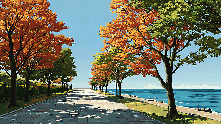 JPG 나무 여유 바다 여행 단풍 일러스트 자연 하늘 휴식 풍경 해변 소풍 평화 걷기 일몰 산책로 가을 그림 나무그늘 국내일러스트 AI일러스트 AI콘텐츠 식물 계절 감정 길 컨셉 잎 모션 야외활동 노을 그늘 생태계 파일형식