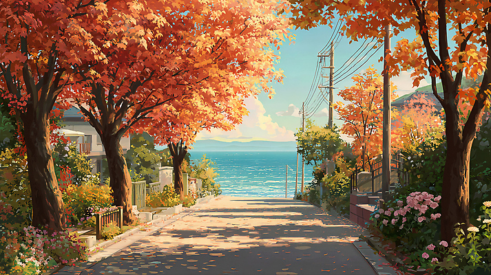 JPG 나무 꽃 바다 단풍 일러스트 자연 하늘 거리 주택 따뜻함 풍경 해변 햇빛 평화 산책 가을 조용 오후 국내일러스트 AI일러스트 AI콘텐츠 식물 계절 컨셉 잎 휴식 건물 태양 생태계 파일형식