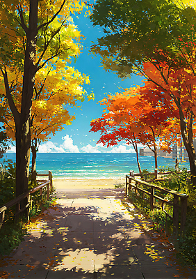 JPG 나무 여유 바다 컬러 잎 일러스트 자연 하늘 풍경 해변 햇빛 평화 걷기 맑음 산책 가을 뷰티풀 국내일러스트 AI일러스트 AI콘텐츠 식물 계절 감정 컨셉 모션 날씨 휴식 태양 생태계 파일형식