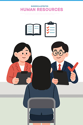 일러스트 비즈니스 대화 인사 업무 체험 결과 질문 확인 준비 면접 문서 긴장 평가 면접관 피드백 국내일러스트 AI파일 감정 컨셉 말하기 예절 작업 파일형식 벡터