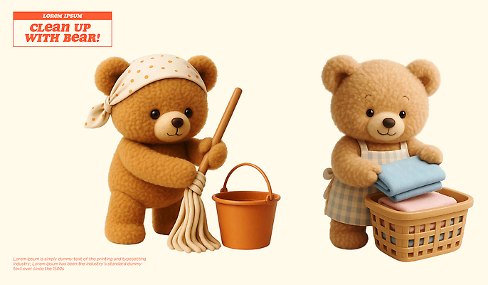 PSD 편집이미지 캐릭터 인형 가사 곰 양말 3D캐릭터 물 수건 바구니 귀여움 곰인형 빨래 청소 오브젝트 정리 아기자기 편집3D 자연요소 동물 컨셉 포유류 위생용품 3D 파일형식
