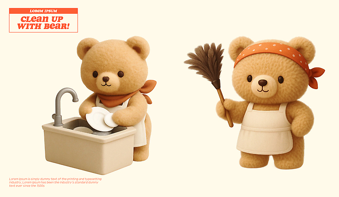 PSD 동물 편집이미지 캐릭터 곰 모션 주방용품 3D캐릭터 따뜻함 장난감 귀여움 주방 곰인형 도구 설거지 청소 장면 편집3D 인형 생활용품 컨셉 가사 포유류 3D 파일형식