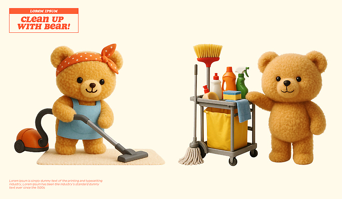 PSD 편집이미지 곰 모션 3D캐릭터 귀여움 곰인형 방 청소도구 청소 오브젝트 스프레이 먼지 정리 청소기 걸레 아기자기 편집3D 동물 캐릭터 인형 컨셉 포유류 전자제품 3D 도구 파일형식