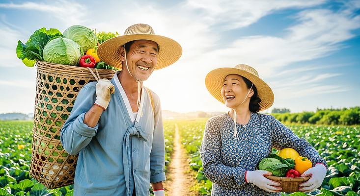 JPG 편집이미지 행복 밭 농업 채소 자연 협력 웃음 풍경 일상 햇빛 바구니 농사 수확 농부 소통 의료성형뷰티 편집실사 AI인물포토 AI콘텐츠 직업 감정 산업 컨셉 표정 라이프 태양 CG 생태계 파일형식 AI포토