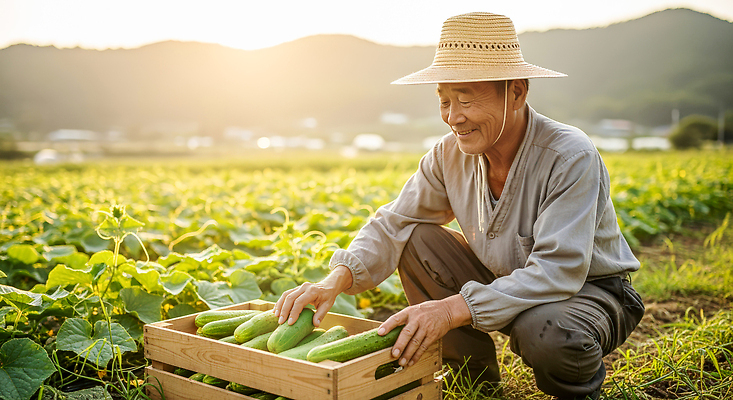 JPG 편집이미지 농업 채소 자연 오이 풍경 초원 햇빛 수확 작업 농부 나무상자 정리 오후 일손 의료성형뷰티 편집실사 AI인물포토 AI콘텐츠 직업 산업 상자 태양 CG 생태계 파일형식 AI포토