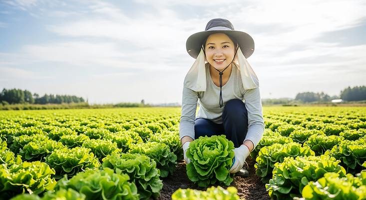 JPG 편집이미지 여자 농업 채소 자연 하늘 생명 건강 여름 농작물 농장 수확 상추 친환경 일손 의료성형뷰티 편집실사 AI인물포토 AI콘텐츠 계절 산업 사람 환경 CG 생태계 파일형식 AI포토