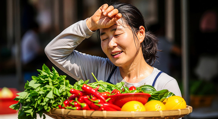 JPG 편집이미지 여자 채소 과일 웃음 농작물 판매 바구니 시장 더위 땀 열심 의료성형뷰티 맛있는 편집실사 AI인물포토 AI콘텐츠 농업 날씨 표정 사람 CG 파일형식 AI포토