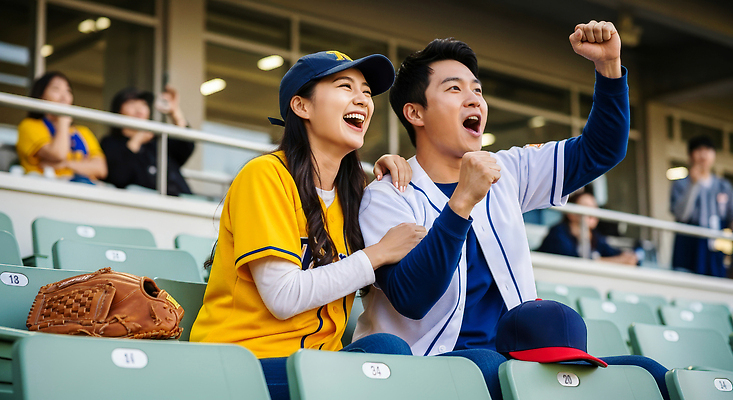 JPG 편집이미지 커플 여유 스포츠 응원 탁자 협력 경기 취미 친구 기쁨 야구 군중 즐거움 열정 관람 의료성형뷰티 편집실사 AI인물포토 AI콘텐츠 감정 가구 관계 사람 구기 CG 파일형식 AI포토