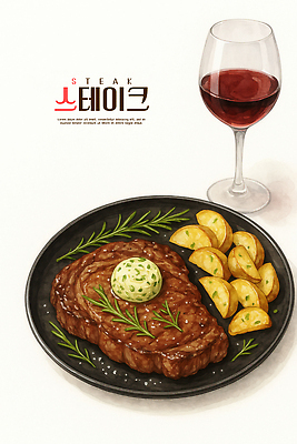 PSD 음식 일러스트 식탁 탁자 육류 스테이크 요리 레스토랑 와인 식사 저녁식사 맛 허브 프레젠테이션 레시피 버터 고기요리 구운감자 간편조리식품 국내일러스트 식물 가구 컨셉 식재료 감자 주류 서양음식 식당 파일형식