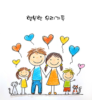 JPG 행복 감정 어린이 일러스트 가족 함께함 따뜻함 사랑 웃음 친구 부모 고양이 하트 강아지 소중 그림 손그림 풍선 순간 국내일러스트 AI일러스트 AI콘텐츠 모양 컨셉 포유류 관계 표정 사람 반려동물 개 파일형식