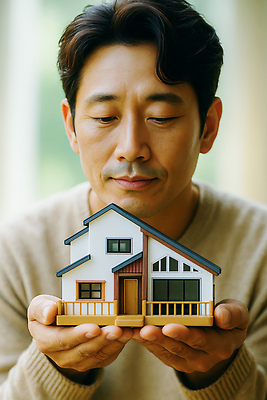 JPG 편집이미지 남자 건축 행복 상상 부동산 조명 주택 미소 취미 생활 양손 오브젝트 건축모형 방안 의료성형뷰티 편집실사 AI인물포토 AI콘텐츠 손 감정 표정 사람 건물 모형 재산 CG 파일형식 AI포토