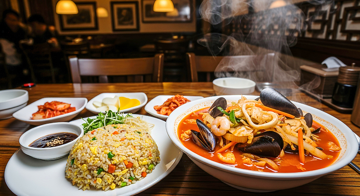 JPG 편집이미지 한식 음식 탁자 요리 식사 저녁 고객 해산물 볶음밥 점심 짬뽕 해물탕 맛집 한식당 맛있는 편집실사 AI포토 AI콘텐츠 가구 식당 야간 CG 파일형식