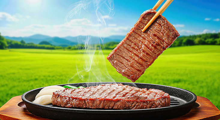 JPG 편집이미지 여유 음식 자연 육류 스테이크 요리 초원 야외 식사 신선 맛 그릴 바비큐 한우 이미지편집 AI컴퓨터그래픽 AI콘텐츠 감정 컨셉 식재료 주방용품 서양음식 소고기 생태계 파일형식