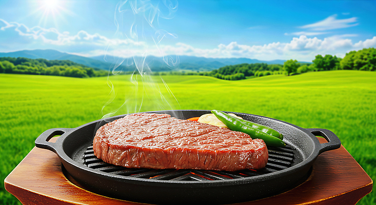 JPG 편집이미지 자연 육류 스테이크 요리 초원 야외 여름 소풍 식사 그릴 바비큐 구이 즐거움 한우 이미지편집 AI컴퓨터그래픽 AI콘텐츠 계절 감정 음식 식재료 주방용품 서양음식 야외활동 소고기 생태계 파일형식