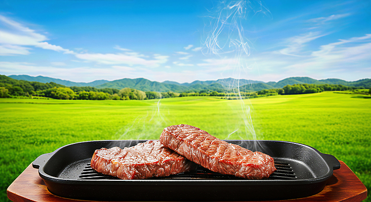 JPG 편집이미지 자연 하늘 산 육류 스테이크 요리 풍경 초원 야외 여름 맛 바비큐 구이 즐거움 향 한우 이미지편집 AI컴퓨터그래픽 AI콘텐츠 계절 감정 음식 컨셉 식재료 서양음식 소고기 생태계 파일형식