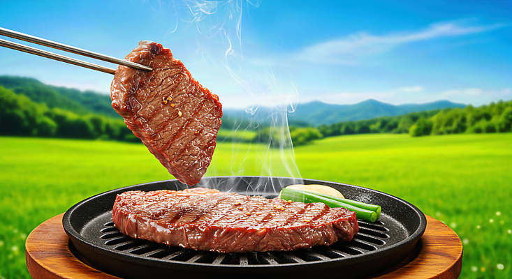 JPG 편집이미지 채소 자연 육류 요리 풍경 초원 야외 식사 소고기 연기 그릴 저녁 바비큐 한우 점심 이미지편집 AI컴퓨터그래픽 AI콘텐츠 음식 식재료 주방용품 야간 생태계 파일형식