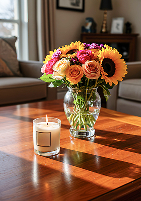 JPG 편집이미지 꽃 초 촛불 자연 휴식 주택 인테리어 햇빛 꽃병 방 분위기 편안함 뷰티풀 색감 오후 편집실사 AI포토 AI콘텐츠 식물 디자인 컨셉 건물 태양 감각 CG 생태계 파일형식