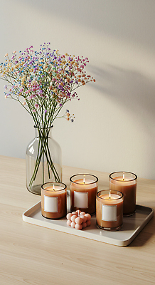 JPG 편집이미지 꽃 예술 촛불 탁자 유리병 실내 장식 빛 인테리어 공간 분위기 편안함 감성 향초 편집실사 AI포토 AI콘텐츠 식물 디자인 가구 컨셉 초 병_용기 내부 감각 CG 파일형식