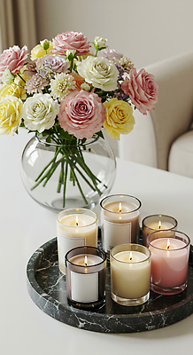 JPG 편집이미지 꽃 감정 컬러 꽃다발 촛불 가정 탁자 실내 장식 인테리어 로맨틱 분위기 편안함 오브젝트 향기 편집실사 AI포토 AI콘텐츠 식물 디자인 가구 컨셉 초 내부 감각 CG 냄새 파일형식