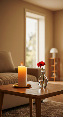 JPG 편집이미지 꽃 거실 촛불 유리병 휴식 실내 따뜻함 인테리어 소파 평화 분위기 편안함 편집실사 AI포토 AI콘텐츠 식물 디자인 컨셉 의자 초 병_용기 내부 감각 CG 파일형식