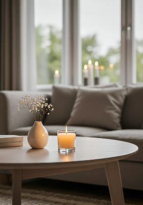 JPG 편집이미지 디자인 꽃 거실 촛불 창문 조명 생활 인테리어 소파 분위기 편안함 편집실사 AI포토 AI콘텐츠 식물 컨셉 의자 초 감각 CG 파일형식