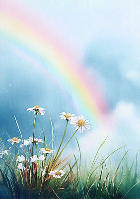 JPG 꽃 예술 무지개 꽃밭 일러스트 자연 하늘 생명 휴식 수채화 풍경 초원 초록색 여름 햇빛 평화 봄 뷰티풀 국내일러스트 AI일러스트 AI콘텐츠 자연요소 식물 계절 컬러 컨셉 태양 생태계 파일형식