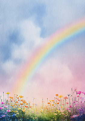 JPG 꽃 감정 컬러 하늘색 무지개 꽃밭 일러스트 자연 하늘 생명 밝음 풍경 여름 평화 맑음 봄 화사함 뷰티풀 국내일러스트 AI일러스트 AI콘텐츠 자연요소 식물 계절 컨셉 날씨 파란색 생태계 파일형식