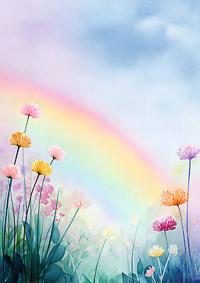 JPG 식물 꽃 감정 컬러 무지개 일러스트 자연 하늘 생명 밝음 풍경 잔디 여름 햇빛 평화 시원함 향기 화사함 조화 뷰티풀 국내일러스트 AI일러스트 AI콘텐츠 자연요소 계절 컨셉 태양 생태계 냄새 파일형식