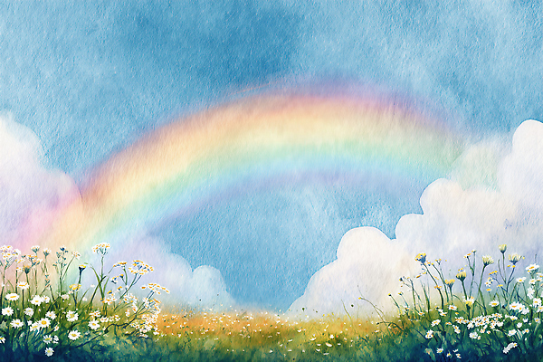 JPG 꽃 컬러 무지개 일러스트 자연 하늘 생명 밝음 풍경 초원 초록색 여름 파란색 햇빛 평화 감상 들꽃 흰색 뷰티풀 색채 국내일러스트 AI일러스트 AI콘텐츠 자연요소 식물 계절 컨셉 태양 생태계 파일형식