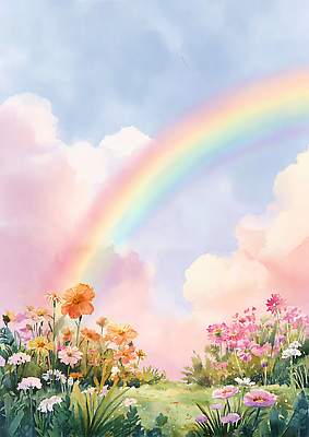 JPG 식물 계절 꽃 행복 컬러 무지개 꽃밭 일러스트 자연 하늘 풍경 잔디 초원 햇빛 평화 봄 만개 뷰티풀 국내일러스트 AI일러스트 AI콘텐츠 자연요소 감정 컨셉 태양 생태계 파일형식