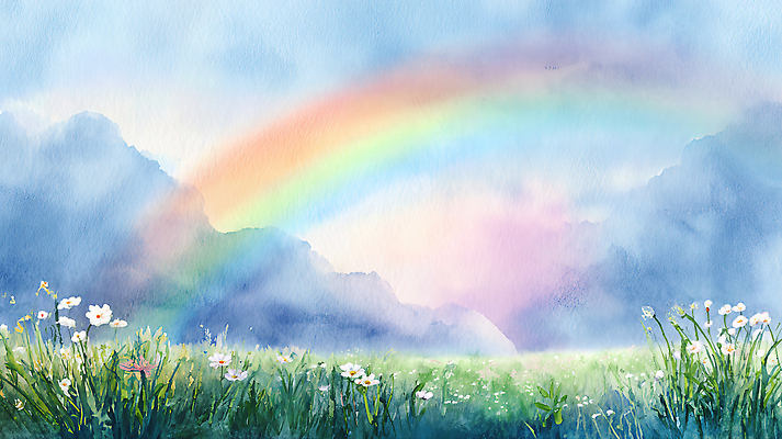 JPG 식물 꽃 화초 무지개 일러스트 자연 하늘 수채화 풍경 초원 여름 햇빛 평화 자유 땅 뷰티풀 국내일러스트 AI일러스트 AI콘텐츠 자연요소 계절 컨셉 태양 생태계 파일형식