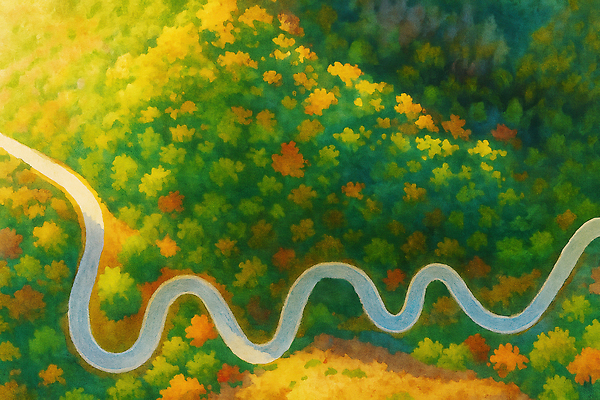 JPG 나무 도로 컬러 곡선 일러스트 자연 풍경 초록색 강 노란색 평화 일출 환경 주황색 일몰 가을 숲 지형 뷰티풀 국내일러스트 AI일러스트 AI콘텐츠 식물 계절 길 선 컨셉 교통시설 노을 생태계 파일형식