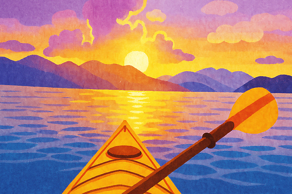 JPG 여유 컬러 여행 일러스트 자연 하늘 휴식 산 풍경 물 평화 노을 일몰 도전 가을 수상스포츠 수면 저녁 카약 조정 뷰티풀 국내일러스트 AI일러스트 AI콘텐츠 자연요소 계절 감정 스포츠 컨셉 야간 생태계 파일형식