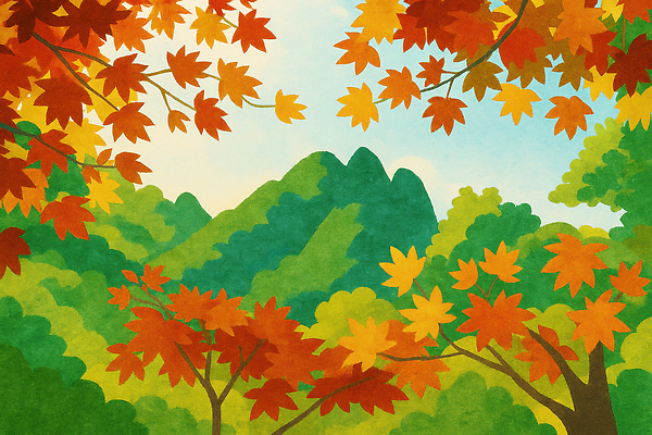 JPG 나무 계절 컬러 일러스트 자연 하늘 나뭇잎 산 풍경 노란색 주황색 금색 가을 숲 그림 뷰티풀 풍경화 국내일러스트 AI일러스트 AI콘텐츠 식물 잎 생태계 파일형식