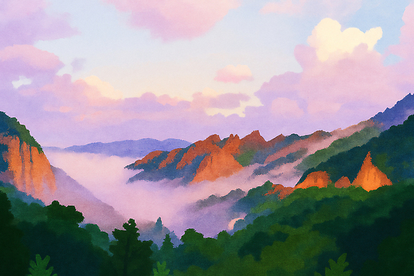 JPG 컬러 일러스트 자연 하늘 아침 산 따뜻함 풍경 여름 일출 계곡 고요 안개 가을 숲 산등성이 뷰티풀 수목 풍요 국내일러스트 AI일러스트 AI콘텐츠 주간 계절 컨셉 날씨 노을 생태계 파일형식