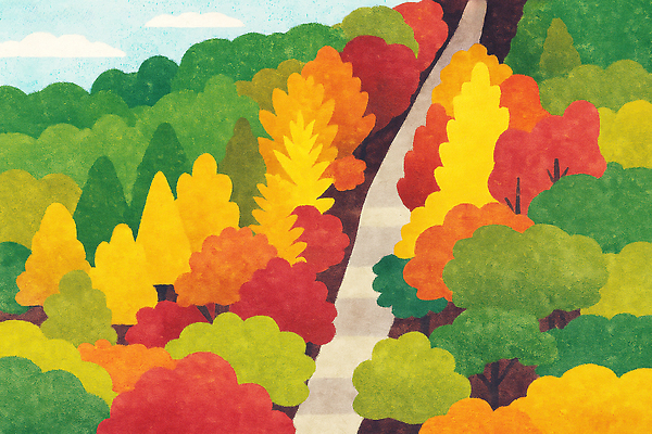JPG 나무 식물 길 컬러 일러스트 자연 하늘 나뭇잎 산 풍경 빨간색 초록색 노란색 산책로 가을 숲 조화 뷰티풀 국내일러스트 AI일러스트 AI콘텐츠 계절 잎 생태계 파일형식