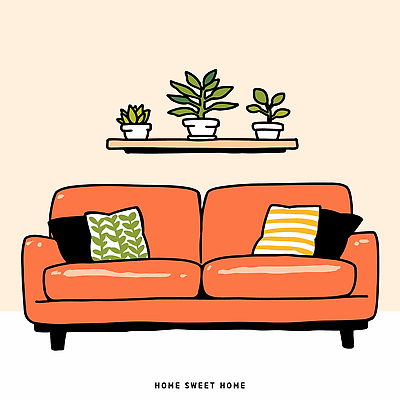 식물 디자인 화분 컬러 쿠션 거실 일러스트 선반 인테리어 소파 주황색 공간 편안함 모던 꾸미기 국내일러스트 AI파일 가구 의자 감각 파일형식 벡터