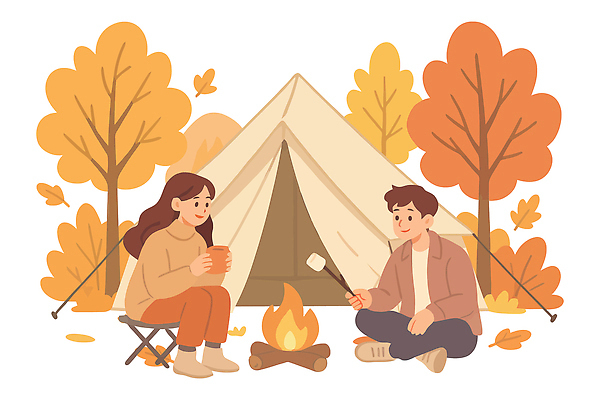 나무 행복 여유 여행 일러스트 가족 자연 대화 두명 친구 야외활동 캠핑 가을 숲 모닥불 힐링 마시멜로우 소통 따뜻한음료 국내일러스트 AI파일 식물 계절 감정 음료 컨셉 관계 불 레저 디저트 말하기 사람 생태계 파일형식 벡터