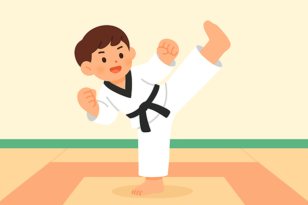 감정 어린이 스포츠 포즈 일러스트 교실 모션 청소년 기술 도복 도장 운동 무도 춤 킥 집중 연습 태권도 국내일러스트 AI파일 옷 교육 컨셉 학교 문화예술 건강 사람 격투기 파일형식 벡터