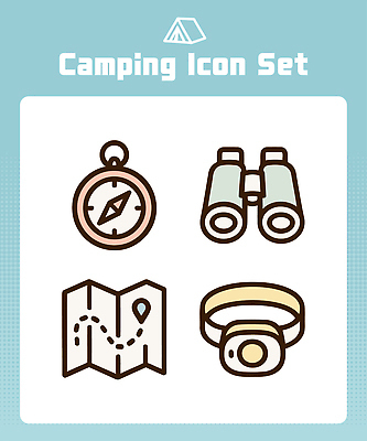 아이콘 디자인 여행 지도 모션 야외 세트 쌍안경 캠핑 탐험 도구 나침반 모음 필요 헤드랜턴 2D아이콘 AI파일 컨셉 레저 한글 망원경 랜턴 파일형식 벡터