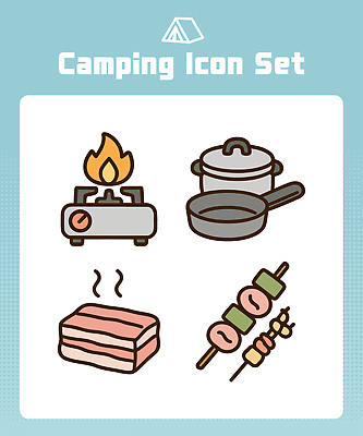 아이콘 음식 채소 육류 요리 야외 세트 캠핑 도구 프라이팬 꼬치 가스레인지 모닥불 바비큐 캠핑장 2D아이콘 AI파일 식재료 주방용품 불 레저 가전제품 레인지 파일형식 벡터