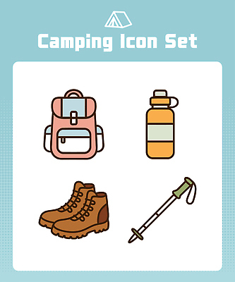 아이콘 여행 가방 모션 자연 지팡이 야외 등산 캠핑 도구 물병 등산화 준비물 필수품 2D아이콘 AI파일 잡화 신발 레저 트래킹 상품 물통 생태계 등산용품 파일형식 벡터