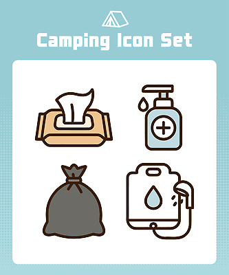 아이콘 자연 야외활동 환경 청결 캠핑 장비 도구 캠핑장 물통 오브젝트 편리함 쓰레기봉투 물티슈 손세정제 2D아이콘 AI파일 컨셉 레저 봉투 위생 생태계 세정제 파일형식 벡터