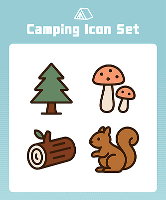 나무 식물 동물 아이콘 디자인 자연 캠핑도구 그래픽 야외활동 버섯 캠핑 숲 다람쥐 2D아이콘 AI파일 레저 도구 설치류 생태계 파일형식 벡터
